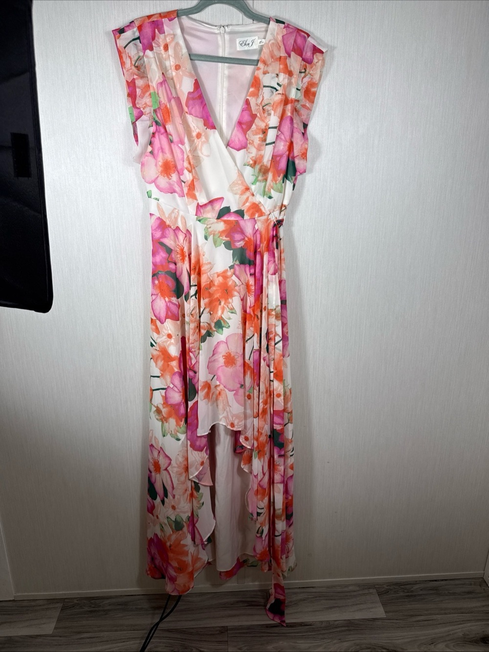 Eliza J Womens S Floral Hi Low Maxi Dress Cap Sleeve V Neck Tie Waist
